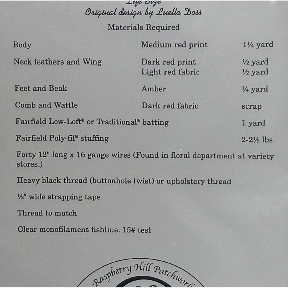 Luella Doss Karge Bantam Rooster & Rhode Island Hen Life Size Patterns Sewing
